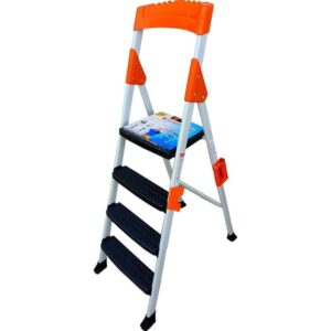 Scara dubla pliabila din aluminiu emailat Harbinger®, plianta, maxim 155 kg, trepte si platforma acoperite cu plastic anti-aderent, picioare stabile, maner de inchidere, 3+1 trepte
