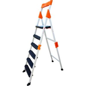 Scara dubla pliabila din aluminiu emailat Harbinger®, plianta, maxim 155 kg, trepte si platforma acoperite cu plastic anti-aderent, picioare stabile, maner de inchidere, 5+1 trepte