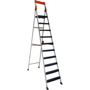 Scara dubla pliabila din aluminiu emailat Harbinger®, Plianta, Maxim 155 kg, Trepte si platforma acoperite cu plastic anti-aderent, Picioare stabile, Maner de inchidere, 9+1 trepte
