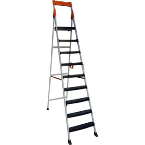 Scara dubla pliabila din aluminiu emailat Harbinger®, Plianta, Maxim 155 kg, Trepte si platforma acoperite cu plastic anti-aderent, Picioare stabile, Maner de inchidere, 8+1 trepte