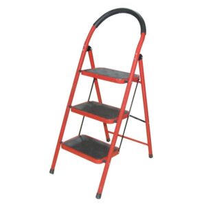 Scara Pliabila cu 3 Trepte Late, Bigshot, Metalica, Maxim 150 Kg, Picioare Antialunecare, Rosu-Negru