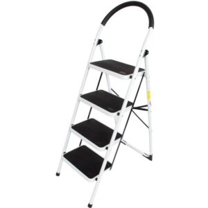 Scara Pliabila cu 4 Trepte Late, Bigshot, Metalica, Maxim 150 Kg, Picioare Antialunecare, Alb-Negru